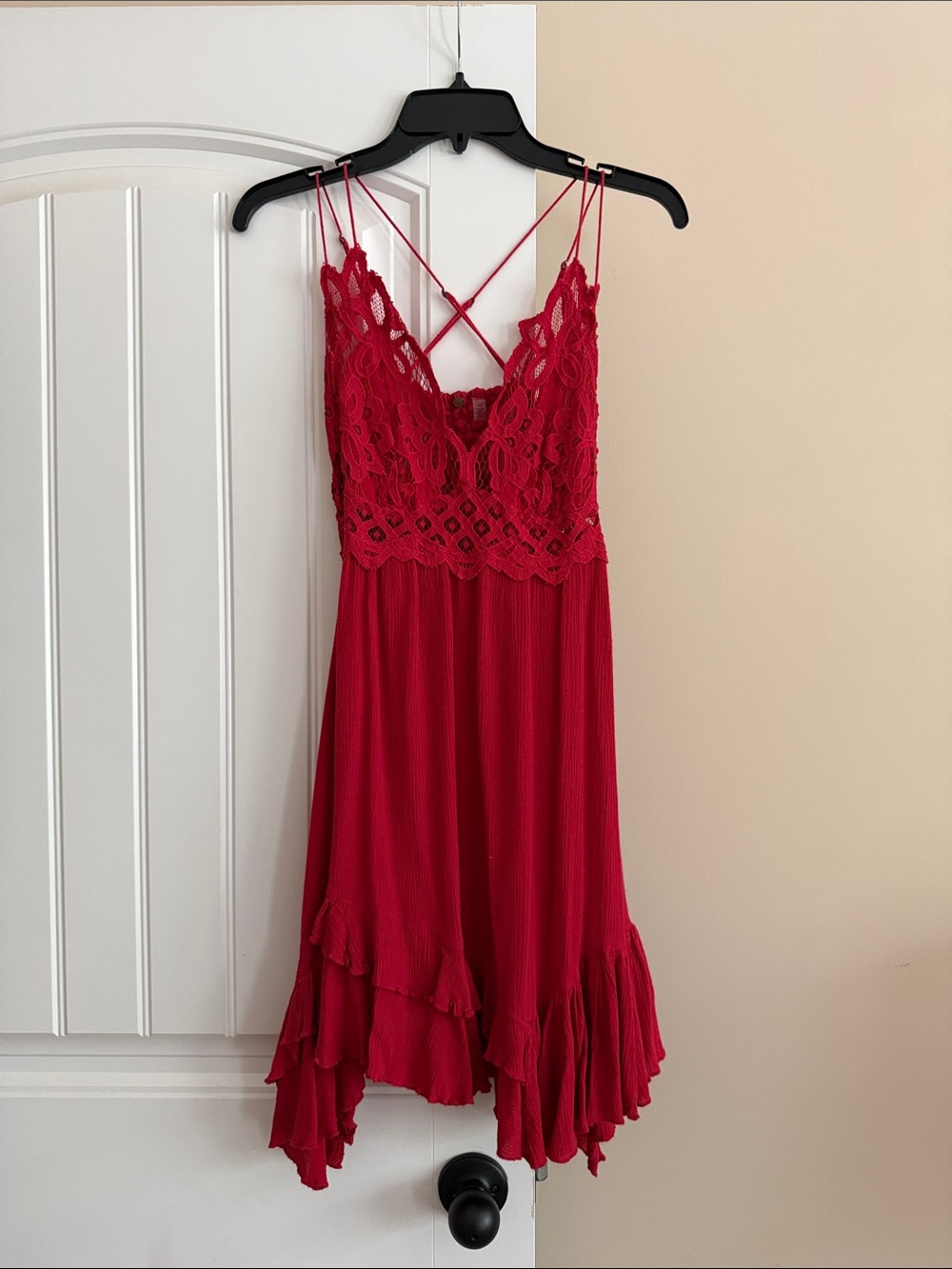 Free People Red Lace Bodice Mini Dress with Ruffle Hem